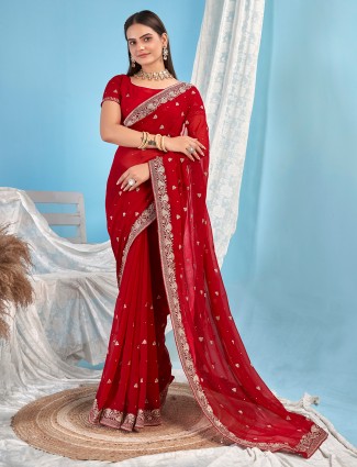 Red georgette saree with embroidery