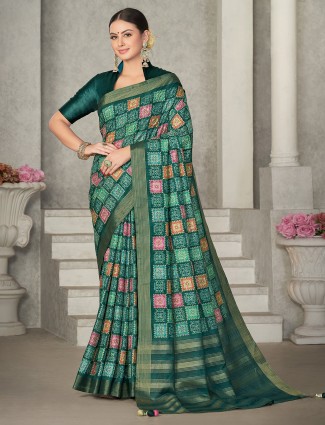 Teal green tussur silk checks festive saree