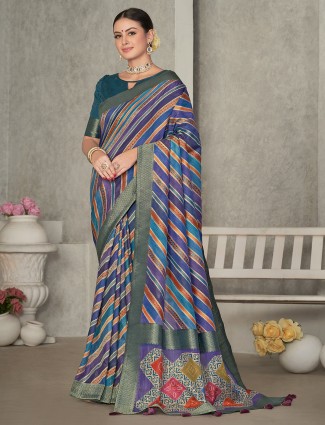 Tussur silk teal blue leheriya saree