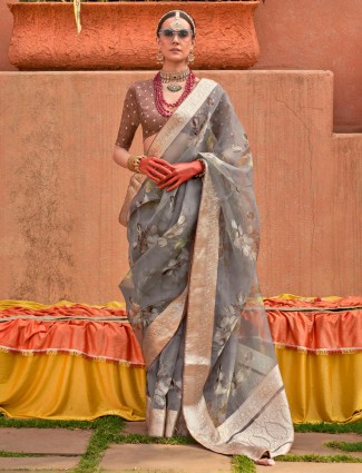 Stunning dark grey printed saree