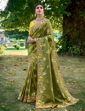 Latest zari weaving olive saree