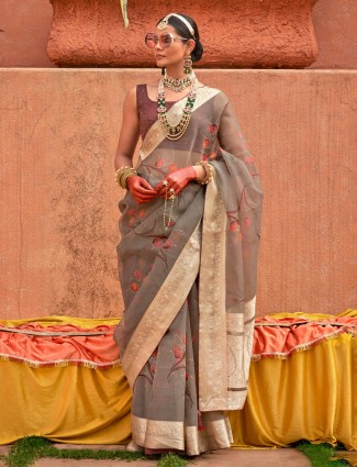 Trendy grey organza printed saree