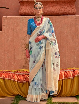 Latest printed light blue saree