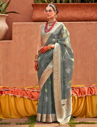 Dark grey printed saree in organza