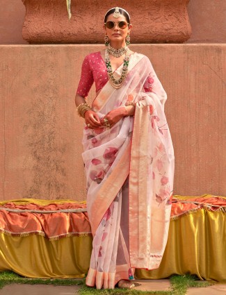 Peach printe festive saree in organza