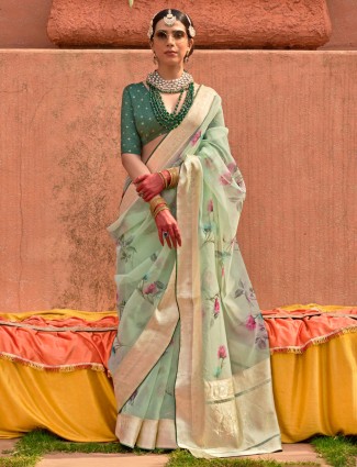 Stunning light green printed saree