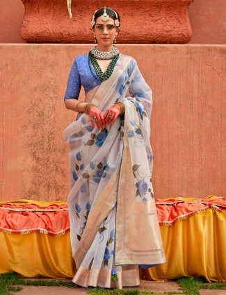 Newest printed beige organza saree