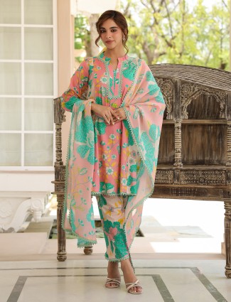 Trendy pink and green printed kurti set