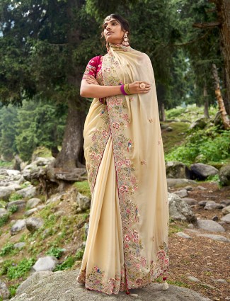 Beige saree with embroidery border