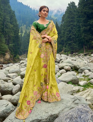 Lemon yellow silk embroidery saree