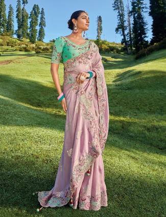 Mauve pink silk embroidery saree