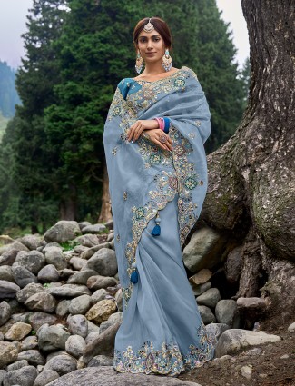 mint blue embroidery silk saree