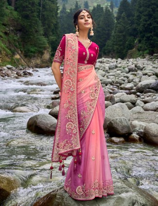 Pink and peack saree with embroidery border