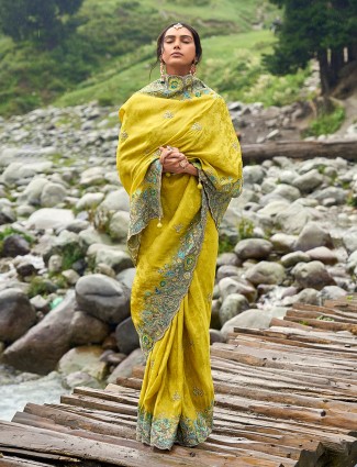 Trendy mustard yellow silk saree