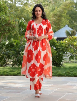 Red and white cotton printed kurti set