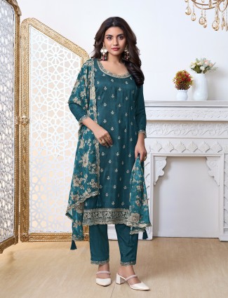 Stunning rama blue silk salwar suit with dupatta