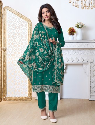 Green salwar suit in silk with printed dupatta