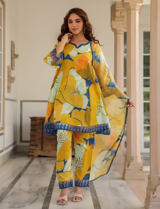 Printed yellow cotton kurti set with bottom