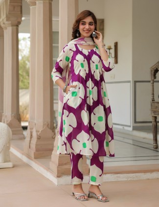 Purple and white cotton kurti set