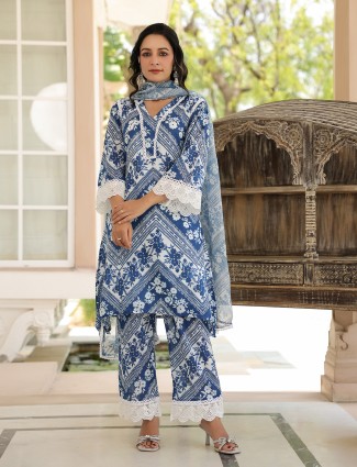 Blue cotton printed kurti set with bottom 