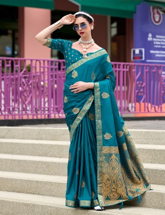 Blue satin saree with contrast border