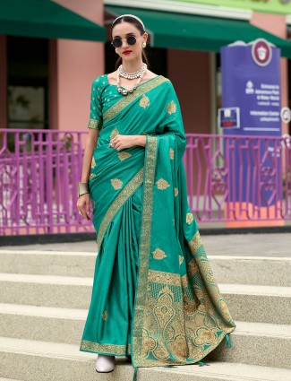 Green satin saree with contrast border