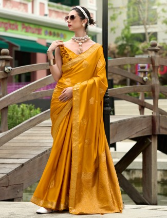 Mustard yello satin zari weaving saree