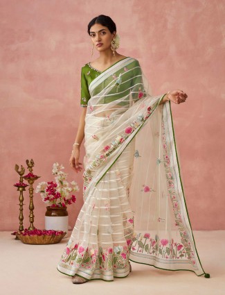 Stunning off-white soft organza saree