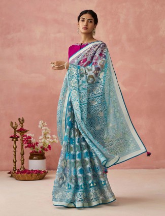 Stunning sky blue printed saree