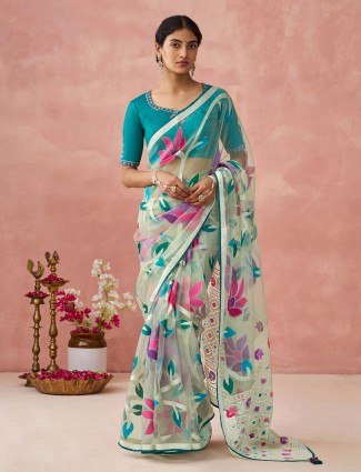 Trendy cream soft organza printed saree