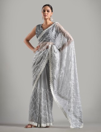 Trendy grey tissue silk saree