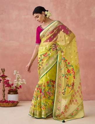 Trendy mustard yellow printed saree