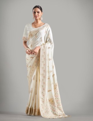 Trendy off-white banarasi silk saree 