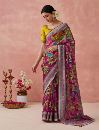 Trendy purple soft organza printed saree