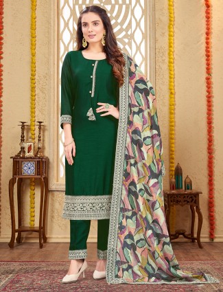 Attractive dark green silk straight cut salwar suit