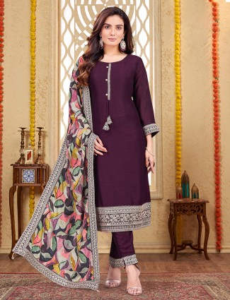 Newest silk dark purple straight cut salwar suit