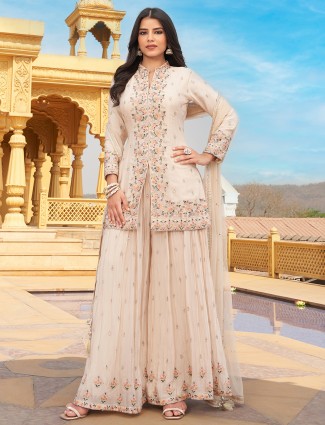 Elegant georgette beige festive wear palazzo suit