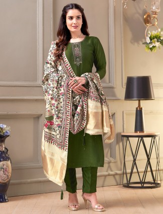 Olive salwar suit with printed matching dupatta