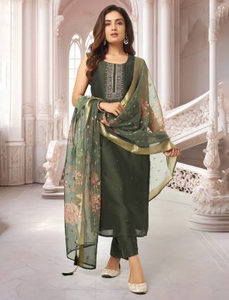 Stunning dark olive festive style salwar suit