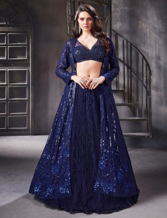 Attractive navy silk jacket style lehenga choli