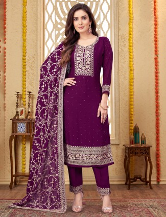Trendy purple festive style salwar suit in georgette