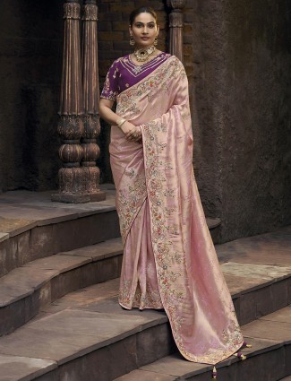 Lilac purple wedding style viscose saree