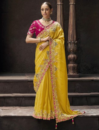 Unique mustard yellow viscose saree