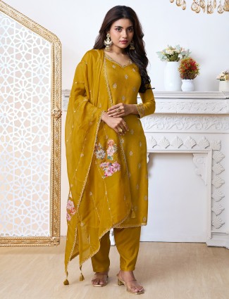 Mustard yellow silk festive wear salwar suit