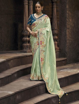 Pista green  wedding style viscose saree