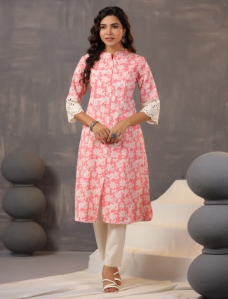 Pretty bright pink printed cotton silk fetive style kurti
