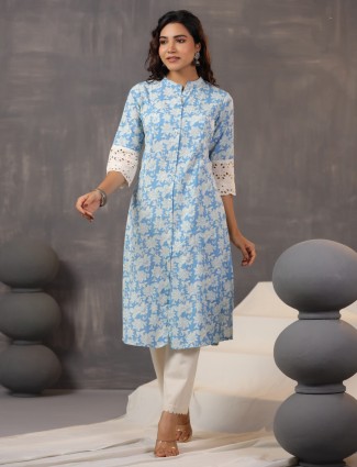 Catchy blue printed cotton silk kurti