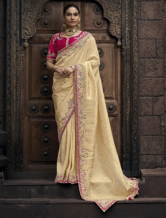 Trendy golden wedding wear viscose saree 