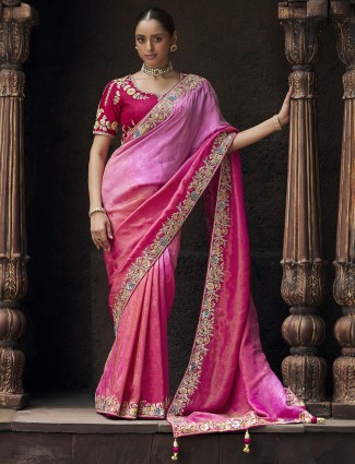 Trendy rani color wedding style viscose saree