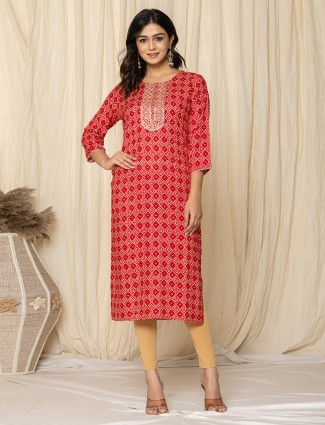 Stylish red printed festive style silk kurti set